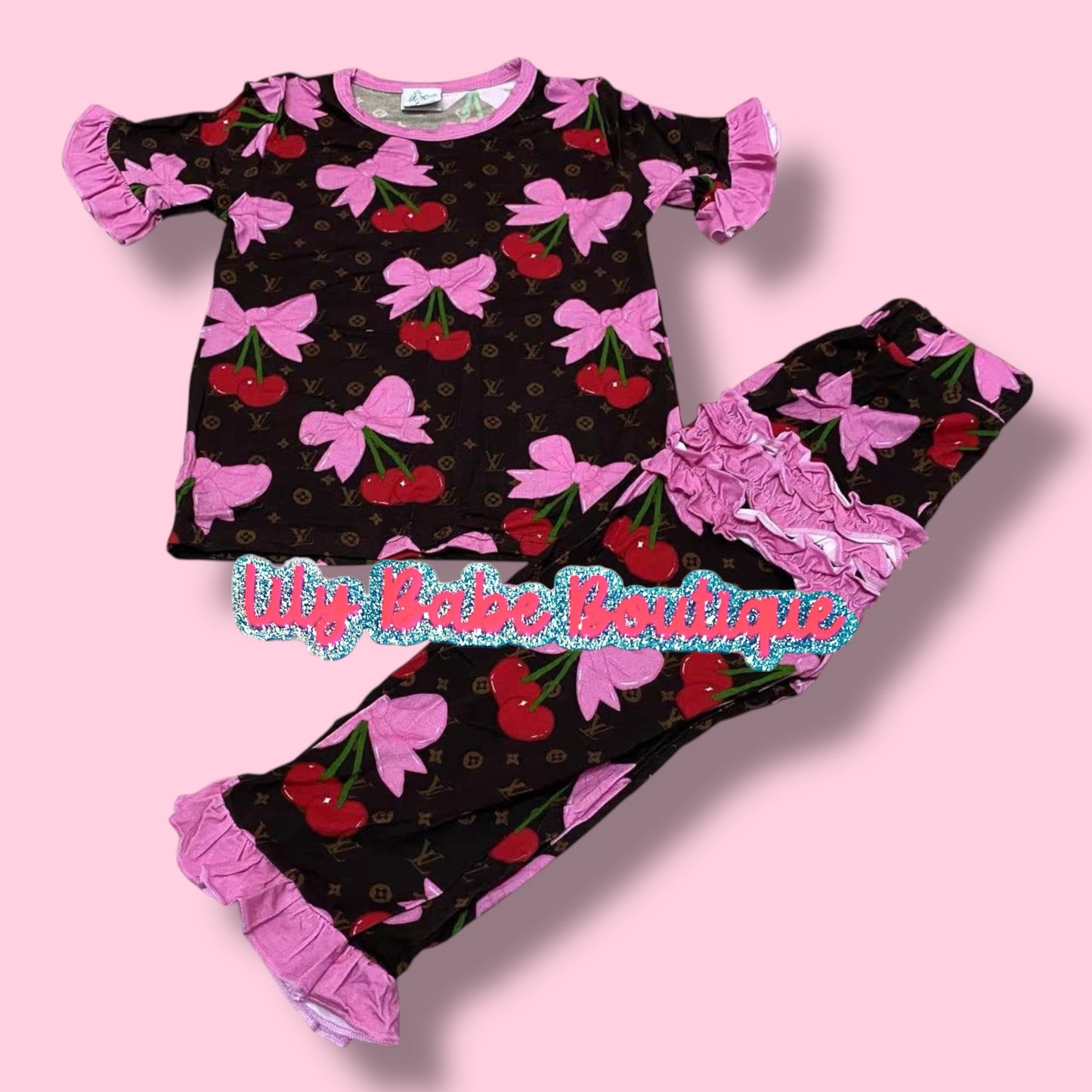 Bows & Cherries Frill 2 Piece Bamboo Set