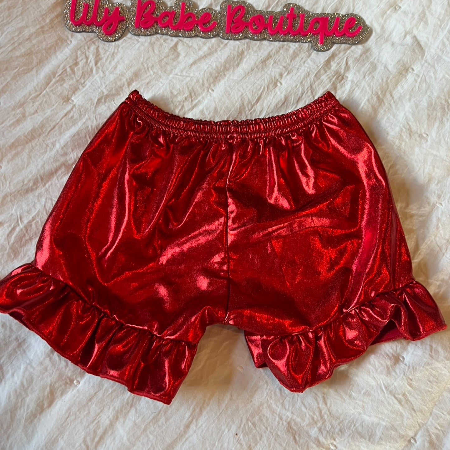 Red Metallic Ruffle Shorts*