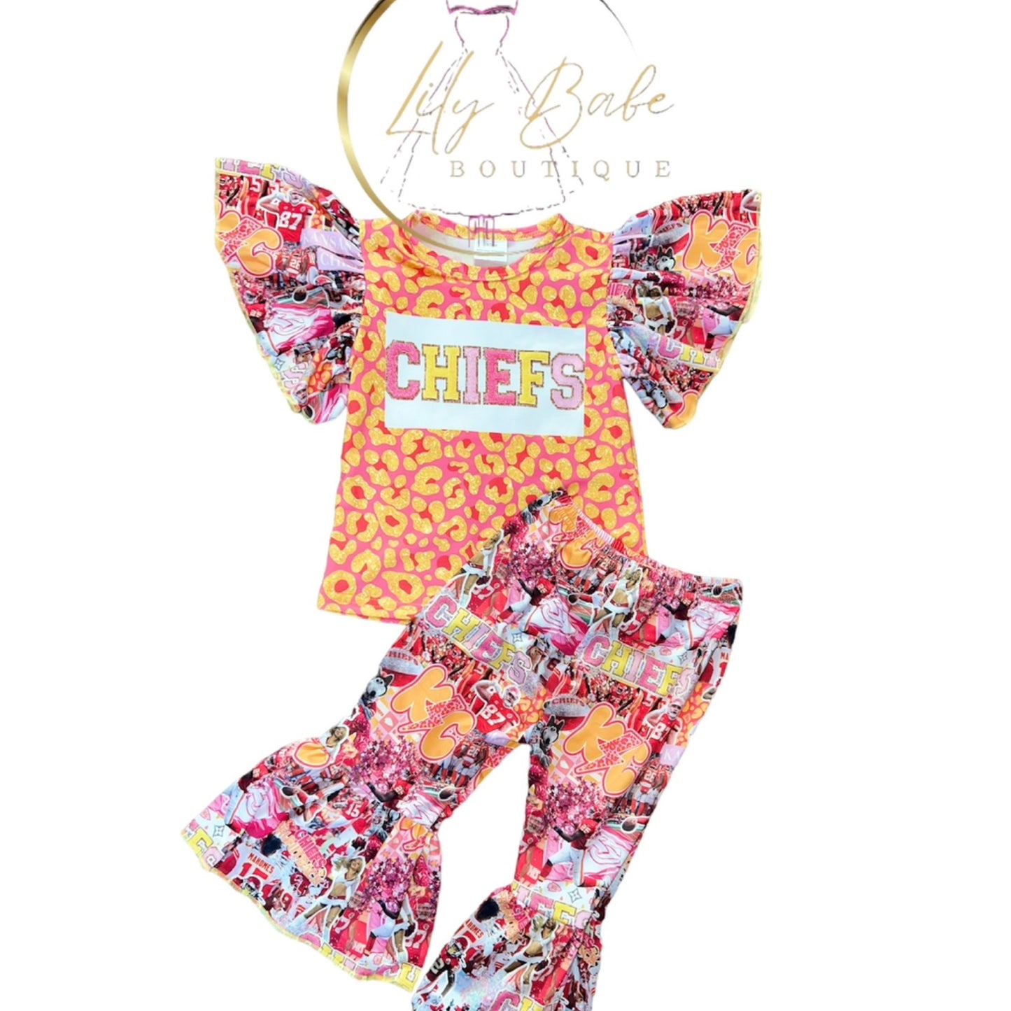 KC Pink & Yellow Cheetah & Collage Bell Sleeve 2 Piece Set