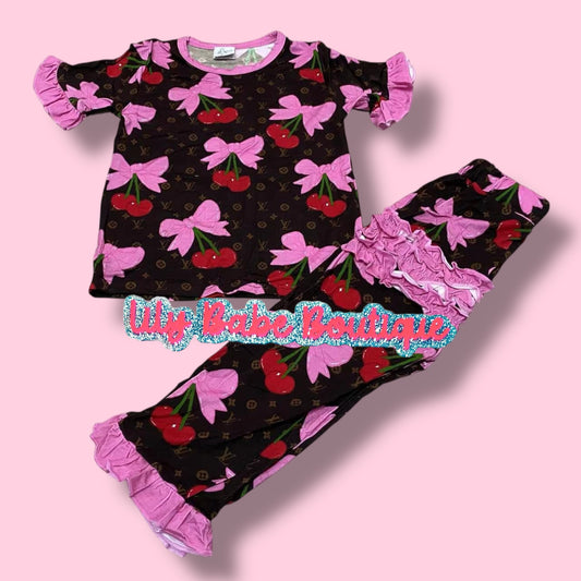 Bows & Cherries Frill 2 Piece Bamboo Set