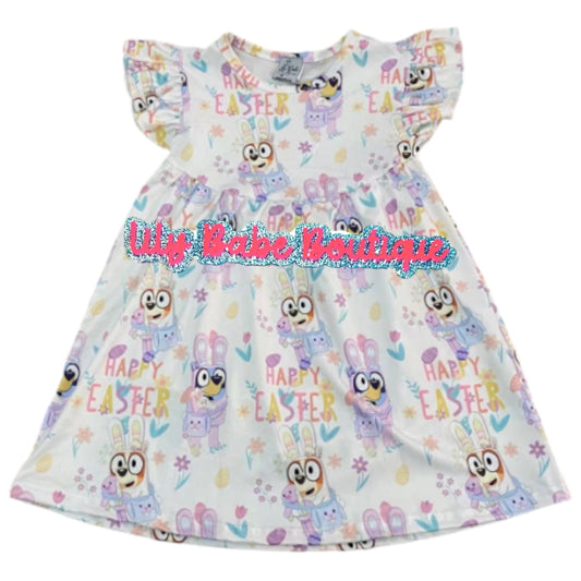 Blue Pups Bunnies White Dress