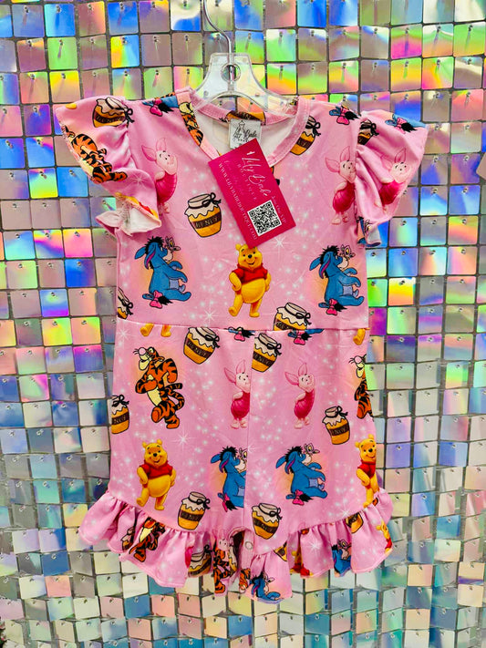 Pink Flowy Bear Shortie Romper