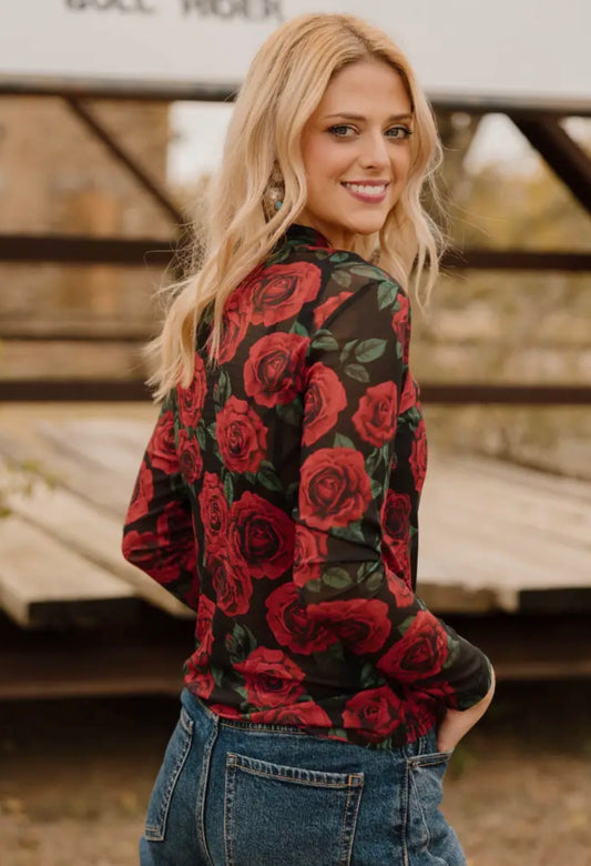 Women’s Red Rose Mesh Top