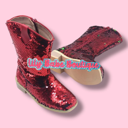Red Green Reversible Sequin Boots
