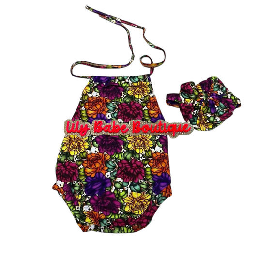 Floral Bamboo Halter Onesie with bow