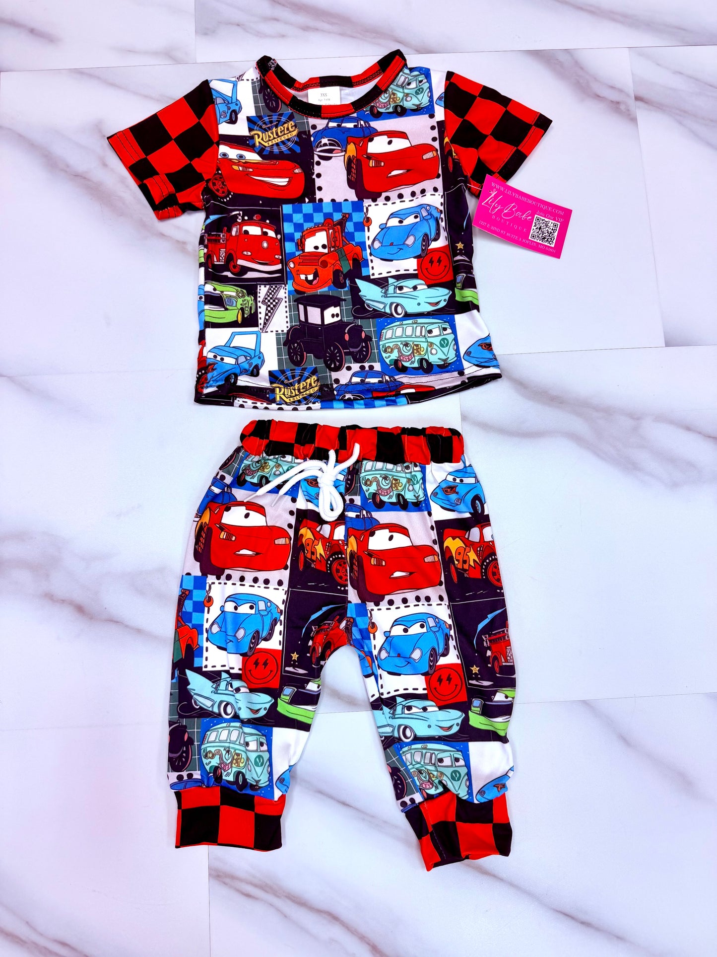 Red Blk Check Car Pant Set